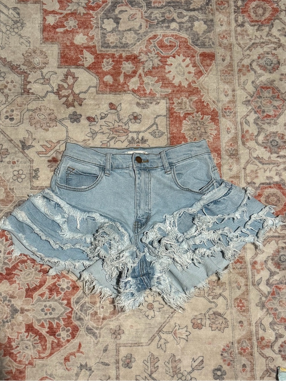 Light Blue Ruffle Frayed Denim Shorts